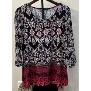 NEW DIRECTIONS Women's Top Long Sheer Sleeve Stretch Colorful Pullover Medium